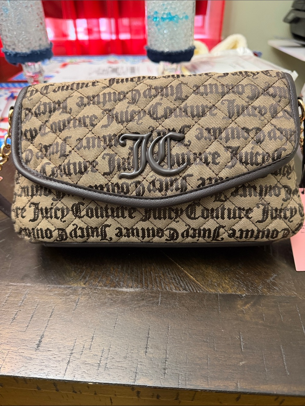 Juicy Couture Tan and Dark Brown Quilted Logo Shoulder Bag